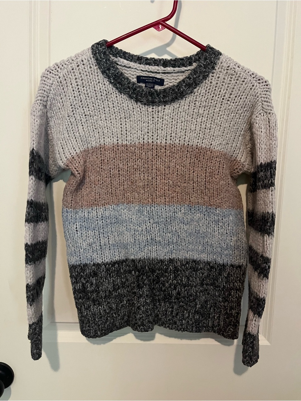 American Eagle Outfitters Colorblock Crewneck Sweater - Gray, Tan, Light Blue